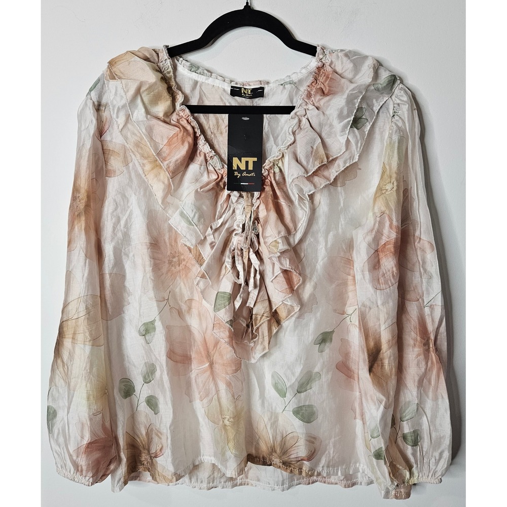 NT By Amati Floral Ruffle Romantic V-Neck Blouse Made in Italy Lyocell Blend NWT